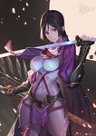  bodysuit breasts fate/grand_order fate_(series) large_breasts li_chunfu long_hair looking_at_viewer minamoto_no_raikou_(fate/grand_order) purple_eyes purple_hair smile solo very_long_hair 