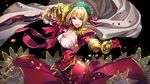  black_background blonde_hair breasts cape cleavage_cutout commentary_request dress eyebrows_visible_through_hair fate/extra fate_(series) flower frilled_skirt frills gauntlets green_eyes head_wreath highres holding holding_flower large_breasts looking_at_viewer nero_claudius_(fate) nero_claudius_(fate)_(all) parted_lips red_dress rose shirt simple_background skirt smile solo standing tenobe white_cape white_shirt wreath 