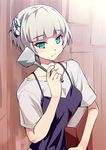  aqua_eyes bangs blunt_bangs book commentary_request grey_hair hair_ornament kouki_kuu looking_at_viewer meteora_osterreich re:creators smile solo spatula 