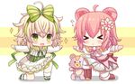  :3 :d ahoge ankle_lace-up bangs belt belt_buckle blonde_hair blush boots bow brown_belt brown_footwear buckle capelet chestnut_mouth chibi cross-laced_footwear curcuma_(flower_knight_girl) double_bun flower flower_knight_girl flying_sweatdrops fur-trimmed_capelet fur-trimmed_gloves fur-trimmed_sleeves fur_trim gloves green_bow green_eyes green_footwear green_ribbon hair_between_eyes hair_bow hair_flower hair_ornament hakobera_(flower_knight_girl) knee_boots lace-up_boots long_hair long_sleeves looking_at_another multiple_girls one_knee open_mouth outstretched_arms pantyhose parted_lips pink_gloves pink_hair pleated_skirt ribbon shiodome_oji shirt shoes sidelocks skirt smile socks sparkle spread_arms striped striped_bow stuffed_animal stuffed_toy teddy_bear v-shaped_eyebrows white_legwear white_shirt white_skirt x_hair_ornament yellow_capelet 