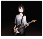  bad_id bad_pixiv_id bangs brown_eyes brown_hair commentary_request dark_background guitar hair_between_eyes highres holding holding_instrument instrument looking_at_viewer off_shoulder parted_lips rr_(suisse200) shirt short_hair short_sleeves solo standing upper_body white_shirt 