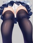  ass black_legwear commentary_request from_below grey_background hibiki_(kantai_collection) highres kantai_collection kneepits long_hair md5_mismatch niruanu_(nitayam) panties pleated_skirt silver_hair simple_background skirt solo thighhighs thighs underwear upskirt white_panties 