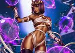  abs alternate_costume armpits aura bandages breasts breasts_apart cleavage crystal_ball dandon_fuga dark_skin energy_ball fingerless_gloves gloves looking_at_viewer medium_breasts menat navel purple_hair short_hair smile solo stomach street_fighter street_fighter_v thighhighs toned underboob 