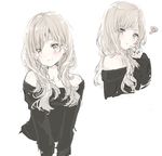  :3 bangs black_sweater blonde_hair blush closed_mouth commentary eyebrows_visible_through_hair fuyumino grey_background grey_eyes highres light_smile long_hair looking_at_viewer multiple_views off-shoulder_sweater off_shoulder original platinum_blonde_hair pout silver_eyes silver_hair simple_background sketch smile squiggle sweater tsurime wavy_hair 