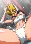  abs black_hair brown_eyes elbow_pads highres looking_at_viewer manjuurou mask midriff navel one_eye_closed solo spread_legs spring_tiger sweat takaoka_haruna tiger_mask_(series) tiger_mask_w wrestling_outfit wrestling_ring wristband 