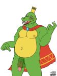  2019 anthro armor balls blush cape claws clothed clothing crocodilian crown diamond_(disambiguation) digital_media_(artwork) donkey_kong_(series) king_k_rool looking_at_viewer male male_focus musclegut muscular muscular_male nintendo nipples nude open_mouth overweight overweight_male penis reptile scalie simple_background smile solo teeth timidwithapen tongue video_games 