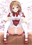  apron blush bow bowtie breasts brown_hair commentary_request frills full_body gochuumon_wa_usagi_desu_ka? hair_ornament hairclip head_tilt highres hoto_cocoa indoors kohakugin leg_hug looking_at_viewer maid medium_breasts open_mouth panties pantyshot pantyshot_(sitting) petals purple_eyes red_bow red_footwear red_neckwear shoes short_hair sitting smile solo thighhighs underwear wall white_apron white_legwear white_panties wooden_floor 