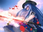  blue_hair cacao_devil cloud commentary_request cowboy_shot dress frilled_dress frills from_side glowing glowing_weapon hat highres hinanawi_tenshi holding holding_weapon leaf long_hair looking_at_viewer petals puffy_sleeves red_eyes sidelocks sky solo sword sword_of_hisou touhou weapon 