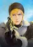  absurdres aiming_at_viewer beanie black_sweater blonde_hair blue_eyes blue_sky day expressionless eyebrows ezui faux_traditional_media final_fantasy final_fantasy_xv freckles fur_coat gloves gun handgun hat highres holding holding_gun holding_weapon lips looking_at_viewer male_focus muzzle outdoors prompto_argentum revolver serious sky solo sweater turtleneck turtleneck_sweater weapon 