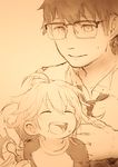  1girl amaama_to_inazuma black_hair blush closed_eyes father_and_daughter feral_lemma glasses happy inuzuka_kouhei inuzuka_tsumugi long_hair looking_at_another monochrome necktie open_mouth sepia short_hair simple_background smile spoon 