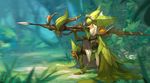  aiming bow_(weapon) commentary crossbow dofus forest gloves green_gloves hat highres knee_pads krosmaga leaf_clothing long_nose nature one_eye_closed one_knee pauldrons scope solo wakfu weapon xavier_houssin 