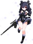  1girl bare_shoulders black_hair blush elbow_gloves female full_body gloves hair_ornament highres holding holding_weapon karukan_(monjya) large_weapon long_hair looking_at_viewer neptune_(series) red_eyes skirt solo tied_hair twintails uni uni_(choujigen_game_neptune) upskirt weapon white_background 