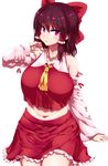  :o ascot bare_shoulders belly black_hair blush bow breasts commentary curvy detached_sleeves hair_bow hakurei_reimu highres huge_breasts looking_at_viewer navel plump red_eyes solo tokyo_(great_akuta) touhou tsurime yellow_neckwear 