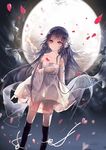  arm_behind_back bare_shoulders black_legwear blue_hair collarbone detached_sleeves dress dutch_angle fre hair_ornament hand_on_own_chest kanzashi kneehighs looking_at_viewer moon original outdoors petals red_eyes solo standing strapless white_dress 