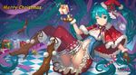  absurdres blue_eyes blue_hair boots breasts brown_footwear brown_gloves candy candy_cane character_name cleavage eyebrows_visible_through_hair food gift gloves hat hatsune_miku high_heel_boots high_heels highres hongse_beiyu knee_boots large_breasts long_hair looking_at_viewer navel one_eye_closed red_hat red_legwear santa_costume santa_hat sitting solo thighhighs underwear very_long_hair vocaloid 