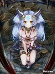  bare_shoulders barefoot blue_hair bracelet breasts cleavage copyright_name earrings facial_mark feathers flute_(force_of_will) force_of_will forehead_mark hair_ornament horns jewelry long_hair looking_at_viewer medium_breasts midriff navel necklace official_art pisuke pointy_ears rock sitting solo sparkle stone twintails yellow_eyes 