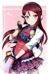  birthday checkered checkered_skirt english fingerless_gloves gloves happy_birthday headphones headset heart highres jacket long_hair looking_at_viewer love_live! love_live!_sunshine!! megaphone miniskirt red_hair sakurauchi_riko shiimai skirt v yellow_eyes 