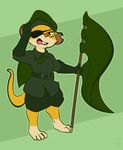  1-upclock 4_toes anthro barefoot belt buckteeth cape clothed clothing eye_patch eyewear feet female flag fur green_clothing hat mammal military military_uniform open_mouth peaked_cap quartermaster_(tnt) rat rodent simple_background smile solo teeth toes tongue tooth_and_tail uniform video_games 