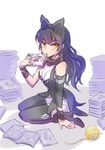  black_hair blake_belladonna bow commentary_request hair_bow iesupa long_hair looking_at_viewer manga_(object) pile_of_books product_placement rwby solo yarn yarn_ball 