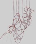  &lt;3 2017 anthro arms_tied avian bdsm beak bird bondage bound eyes_closed featureless_crotch fully_bound hands_behind_back legs_tied male monochrome nude qualzar rope rope_bondage rope_harness simple_background solo 