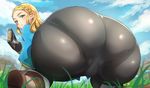  ass ass_focus black_gloves blonde_hair blue_sky blush braid cameltoe cloud commentary_request day fingerless_gloves gloves grass green_eyes huge_ass kneeling long_hair looking_at_viewer looking_back looking_down nuezou pantylines pointy_ears princess_zelda sheikah_slate shiny shiny_legwear skindentation sky solo sweatdrop symbol-shaped_pupils the_legend_of_zelda the_legend_of_zelda:_breath_of_the_wild thick_eyebrows trefoil 