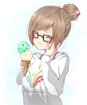  alternate_costume black-framed_eyewear closed_eyes double_scoop food glasses hair_ornament hair_stick highres ice_cream makeup mei_(overwatch) nukota overwatch smile solo 