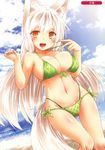  :d absurdres animal_ear_fluff animal_ears artist_name bangs beach bikini bikini_pull blue_sky blush breasts cloud cloudy_sky collarbone day dutch_angle eyebrows_visible_through_hair fox_ears fox_tail front-tie_bikini front-tie_top green_bikini hands_up highres kohaku_(yua) large_breasts long_hair looking_at_viewer melonbooks navel open_mouth orange_eyes original outdoors scan side-tie_bikini sidelocks silver_hair sky smile solo standing swimsuit tail thick_eyebrows thighs white_hair yua_(checkmate) 