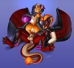  2017 anthro anus balls breasts butt canine dragon duo ear_piercing female green_eyes horn looking_at_viewer male mammal maned_wolf nipples pawpads penis piercing presenting presenting_hindquarters pussy raised_tail sabine_(lykenzealot) scalie simple_background smile sulfer syberfab wings 