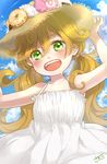  amaama_to_inazuma artist_name blush brown_hair candy cloud cloudy_sky day doughnut dress eyebrows_visible_through_hair food green_eyes happy hat inuzuka_tsumugi long_hair looking_at_viewer open_mouth sakikko sky smile solo straw_hat twintails wet white_dress 