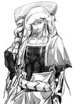  capelet cu_chulainn_(fate/grand_order) elbow_gloves fate/grand_order fate_(series) fingerless_gloves gloves grin holding holding_staff hood hood_up hoodie lancer long_hair looking_to_the_side male_focus monochrome muscle parted_lips red_eyes simple_background sketch smile solo spot_color staff standing tenobe upper_body white_background 