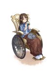  black_cat blue_bow blush bow brown_eyes brown_hair cat cat_on_lap cup full_body highres long_hair looking_at_viewer mug official_art plaid_blanket princess_principal princess_principal_game_of_mission shirley_collins shoes sitting solo steam transparent_background wheelchair white_footwear 