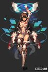  aqua_eyes arm_up armor armored_boots armpits bangs black_background black_gloves blush bodysuit boots breasts brown_hair copyright_name destiny_child ecell elbow_gloves full_body gloves hat highleg highleg_leotard highres holographic_interface leotard long_hair looking_at_viewer mecha_musume medium_breasts parted_lips revealing_clothes solo tan thighhighs thighs tsurime underboob white_leotard 