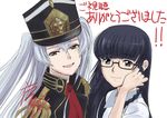  :d altair_(re:creators) artist_name blue_hair glasses hair_tucking hat highres hiroe_rei looking_at_viewer military military_uniform multiple_girls official_art open_mouth re:creators shimazaki_setsuna side_braids signature smile uniform white_hair 