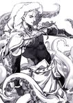  belt capelet cu_chulainn_(fate/grand_order) earrings elbow_gloves fate/grand_order fate_(series) fingerless_gloves gloves grin hair_between_eyes highres holding holding_staff hood hood_up jewelry lancer long_hair looking_at_viewer looking_to_the_side male_focus monochrome muscle parted_lips red_eyes simple_background smile solo spot_color staff standing suction_cups tenobe tentacles white_background 