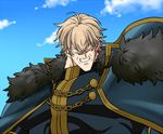  ahoge angry blonde_hair blue_sky cape clenched_teeth cloud day dragon_ball dragon_ball_z fate/extra fate/grand_order fate_(series) fur_trim gawain_(fate/extra) gawain_(fate/grand_order) looking_at_viewer male_focus muscle no_pupils sky solo teeth toriyama_akira_(style) upper_body 