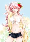  bikini bikini_under_clothes breasts cleavage earrings ebi_puri_(ebi-ebi) fire_emblem fire_emblem_heroes fire_emblem_if flower front-tie_bikini front-tie_top groin hair_flower hair_ornament hairband hand_on_neck jewelry long_hair looking_at_viewer medium_breasts pink_hair shiny short_shorts shorts smile soleil_(fire_emblem_if) solo swimsuit wristband 