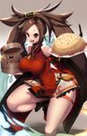  bamboo_steamer baozi bare_shoulders breasts brown_eyes brown_hair china_dress chinese_clothes commentary covered_nipples detached_sleeves dress food forehead fried_rice guilty_gear guilty_gear_xrd hair_ornament hair_tubes hairclip highres holding holding_food kuradoberi_jam large_breasts long_hair looking_at_viewer magister_(medical_whiskey) open_mouth plate red_dress short_dress smile solo standing standing_on_one_leg thick_thighs thighs very_long_hair wide_sleeves 