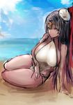  absurdres beach black_hair breasts circlet dark_skin day fate/grand_order fate_(series) green_eyes hat highres hometa large_breasts long_hair looking_at_viewer scheherazade_(fate/grand_order) sideboob sitting sketch smile solo 