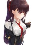  3: asymmetrical_bangs bangs black_bra black_gloves black_legwear black_skirt blush bra bralines breasts closed_mouth collarbone collared_shirt commentary dress_shirt girls_frontline gloves hair_ribbon kfr large_breasts long_hair looking_at_viewer necktie one_side_up pantyhose pelvic_curtain purple_hair red_eyes red_neckwear ribbon see-through shirt simple_background skirt solo suspender_skirt suspenders underwear undressing upper_body wa2000_(girls_frontline) wet wet_clothes wet_shirt white_background white_shirt 