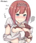  absurdres ark_royal_(kantai_collection) bangs blue_eyes blunt_bangs blush bob_cut breasts covering covering_breasts highres kantai_collection kiritto long_sleeves medium_breasts red_hair short_hair simple_background solo tiara torn_clothes twitter_username upper_body white_background 