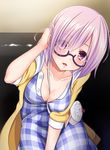  alternate_costume between_breasts breasts cardigan cleavage collarbone dress eyes_visible_through_hair fate/grand_order fate_(series) glasses hair_over_one_eye hand_in_hair head_tilt highres ichi_natsu indoors looking_at_viewer mash_kyrielight medium_breasts open_cardigan open_clothes open_mouth pink_hair plaid plaid_dress purple-framed_eyewear purple_eyes short_hair sitting solo strap_cleavage sweater yellow_sweater 