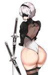  1girl android ass back back_opening blindfold caffine from_behind hairband huge_ass katana leotard nier_(series) nier_automata shiny shiny_hair shiny_skin short_hair silver_hair smile solo sword thighhighs weapon yorha_no._2_type_b 