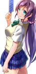  aqua_eyes chikugen_shiina long_hair looking_at_viewer looking_back love_live! love_live!_school_idol_project low_twintails otonokizaka_school_uniform pleated_skirt purple_hair purple_scrunchie school_uniform scrunchie short_sleeves simple_background skirt smile solo sweater_vest tarot toujou_nozomi twintails very_long_hair white_background 