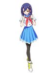  bangs blue_hair flip_flappers hair_ornament hairclip kokomine_cocona looking_at_viewer pantyhose red_ribbon ribbon school_uniform short_hair simple_background solo takano_suzu watch white_background wristwatch 