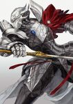  armor attack cape commentary_request fantasy from_side full_armor gauntlets gem gradient gradient_background grey_background helmet holding holding_sword holding_weapon horned_helmet horocca male_focus overlord_(maruyama) pauldrons plate_armor profile red_cape solo sword touch_me warrior weapon 