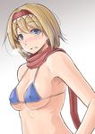  alice_margatroid bikini blue_bikini_top blue_eyes breasts clenched_teeth cold covered_nipples eyebrows_visible_through_hair gradient gradient_background grey_background hairband highres looking_at_viewer m92fs medium_breasts micro_bikini red_hairband red_scarf scarf simple_background sketch solo swimsuit teeth touhou upper_body white_background 