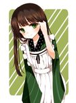  ama_usa_an_uniform apron asagiri_koori bangs blunt_bangs border brown_hair closed_mouth commentary_request cowboy_shot diagonal-striped_background diagonal_stripes eyebrows_visible_through_hair flat_chest flower gochuumon_wa_usagi_desu_ka? green_eyes green_kimono hair_flower hair_ornament hair_tousle japanese_clothes kimono long_hair long_sleeves looking_at_viewer maid_apron polka_dot_trim ribbon smile solo standing striped striped_background striped_kimono two-tone_background ujimatsu_chiya white_apron white_border white_flower white_ribbon wide_sleeves 