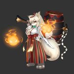  aiming_at_viewer animal_ears barefoot bell breasts cleavage facial_mark fire foreshortening fox_ears fox_girl fox_tail from_side frown fullbokko_heroes furry grey_background hakama hip_vent hitodama japanese_clothes jewelry long_hair long_ponytail looking_at_viewer looking_to_the_side mallet medium_breasts miko necklace obi open_hand over_shoulder oversized_object red_eyes ribbon-trimmed_sleeves ribbon_trim rope sash shimenawa silver_hair simple_background solo suke_(158628) tail torii_hair_ornament very_long_hair wide_sleeves 