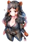  animal_ears bangs black_hair blush bodysuit breasts brown_hair cleavage closed_mouth collarbone commentary_request cropped_legs eyebrows_visible_through_hair gradient_hair highres hippopotamus_(kemono_friends) kemono_friends large_breasts long_hair looking_at_viewer multicolored_hair simple_background solo sukemyon tareme wavy_hair white_background 
