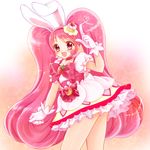  :d animal_ears bunny_ears cake_hair_ornament choker cure_whip extra_ears food food_themed_hair_ornament fruit hair_ornament highres index_finger_raised kirakira_precure_a_la_mode long_hair looking_at_viewer magical_girl open_mouth pink_choker pink_eyes pink_hair precure shararan smile solo strawberry twintails usami_ichika 